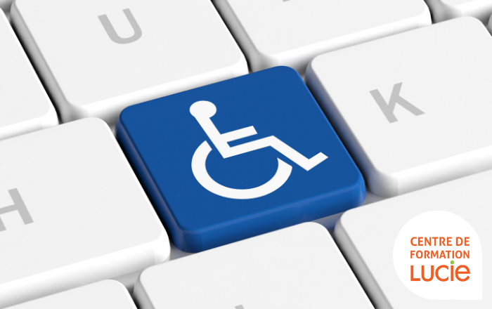 Visuel formation accessibilité numérique, clavier avec un pictogramme représentant une personne en chaise roulante
