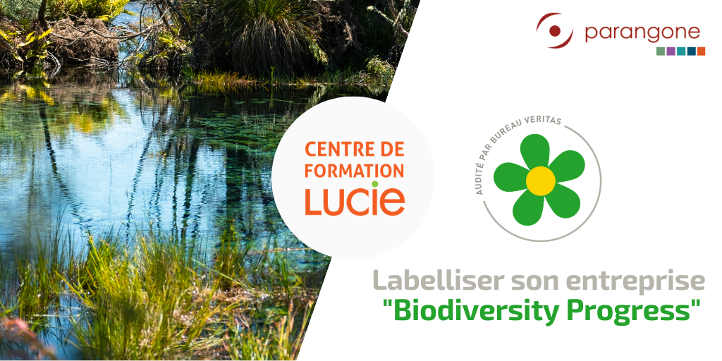 visuel-fomation-labellisation-biodiversity-progress-Agence-LUCIE Affiche formation "labellisation Biodiversity Progress" avec photo d'un lac, logo biodiversity progress, logo parangone, logo Centre de Formation LUCIE et titre formation